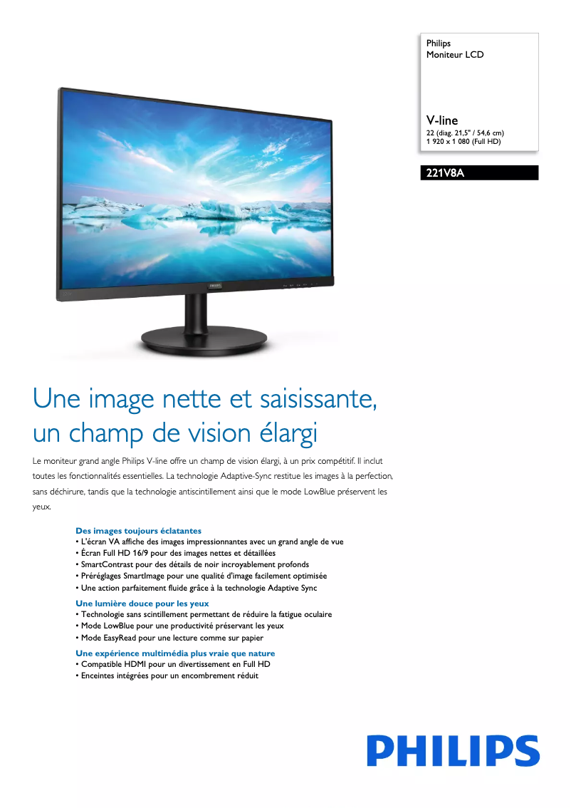 Page 1 de la notice Fiche technique Philips 221V8A