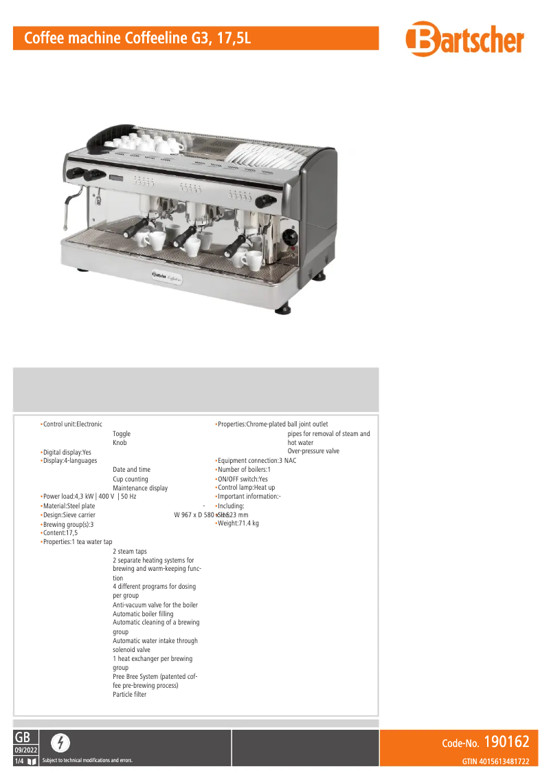 Page n°1 - Fiche technique Bartscher Coffeeline G3/17,5L