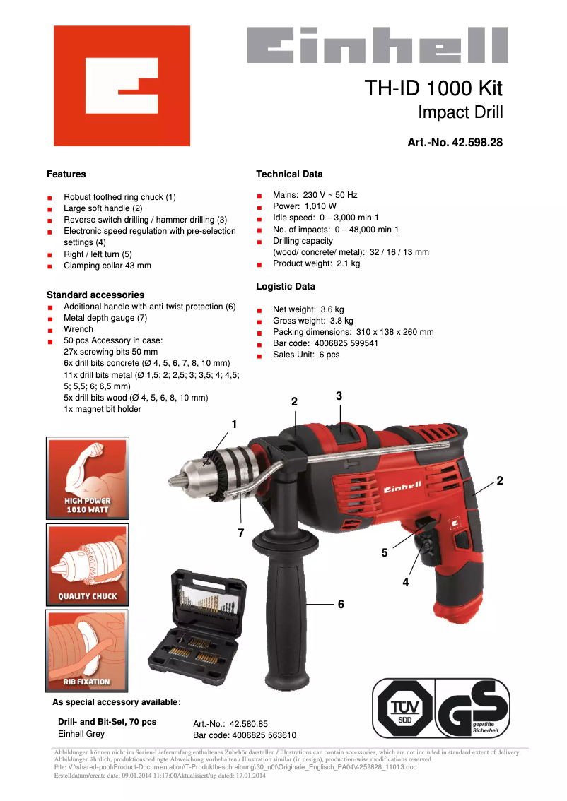 Page n°1 - Fiche technique Einhell TH-ID 1000 KIT