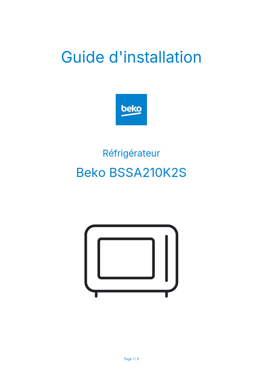 Page n°1 - Guide d'installation Beko BSSA210K2S
