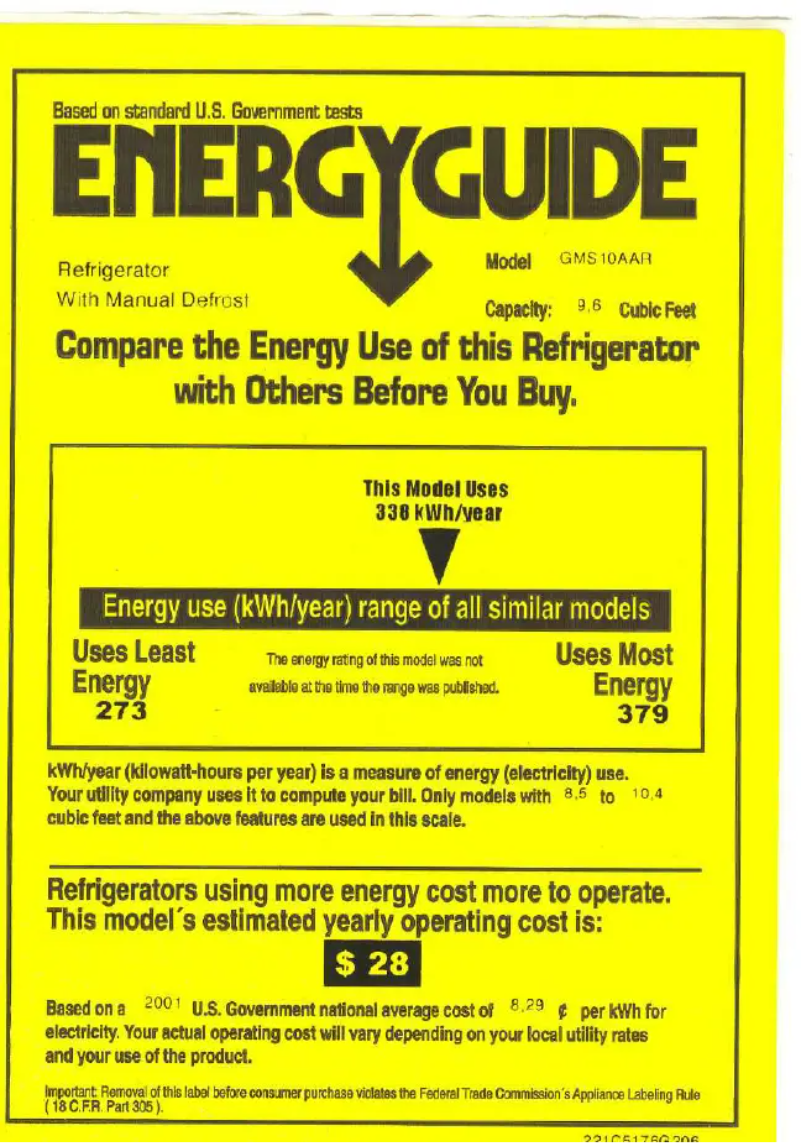 Page 1 de la notice Label énergétique GE GMS10AARLWW