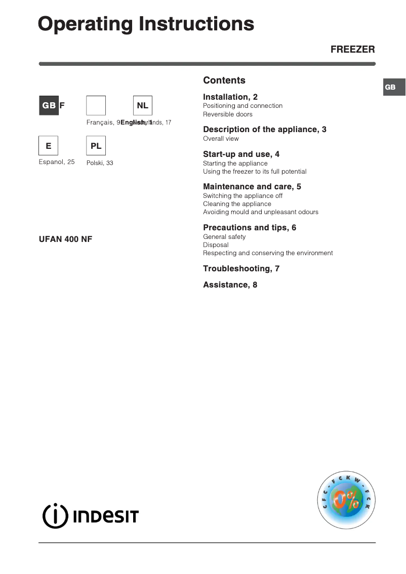 Page 1 de la notice Manuel utilisateur Indesit UFAN400NF