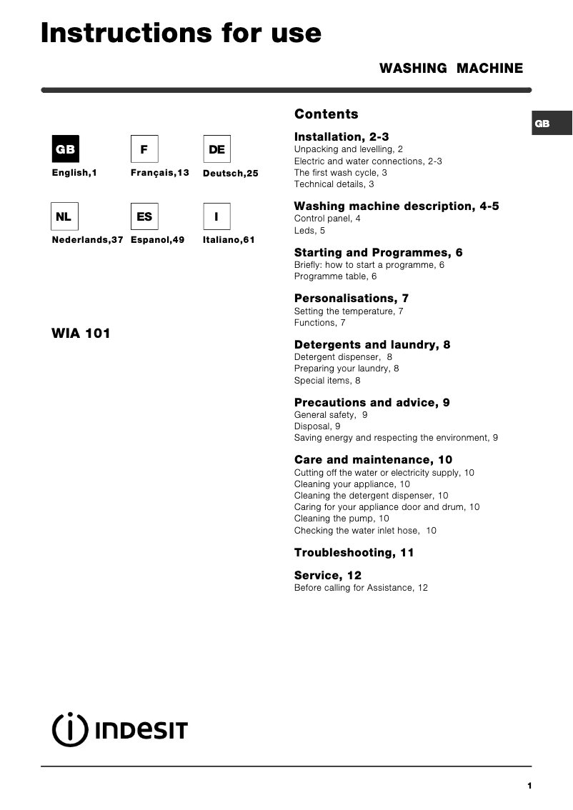 Page 1 de la notice Manuel utilisateur Indesit WIA 101 (EU)