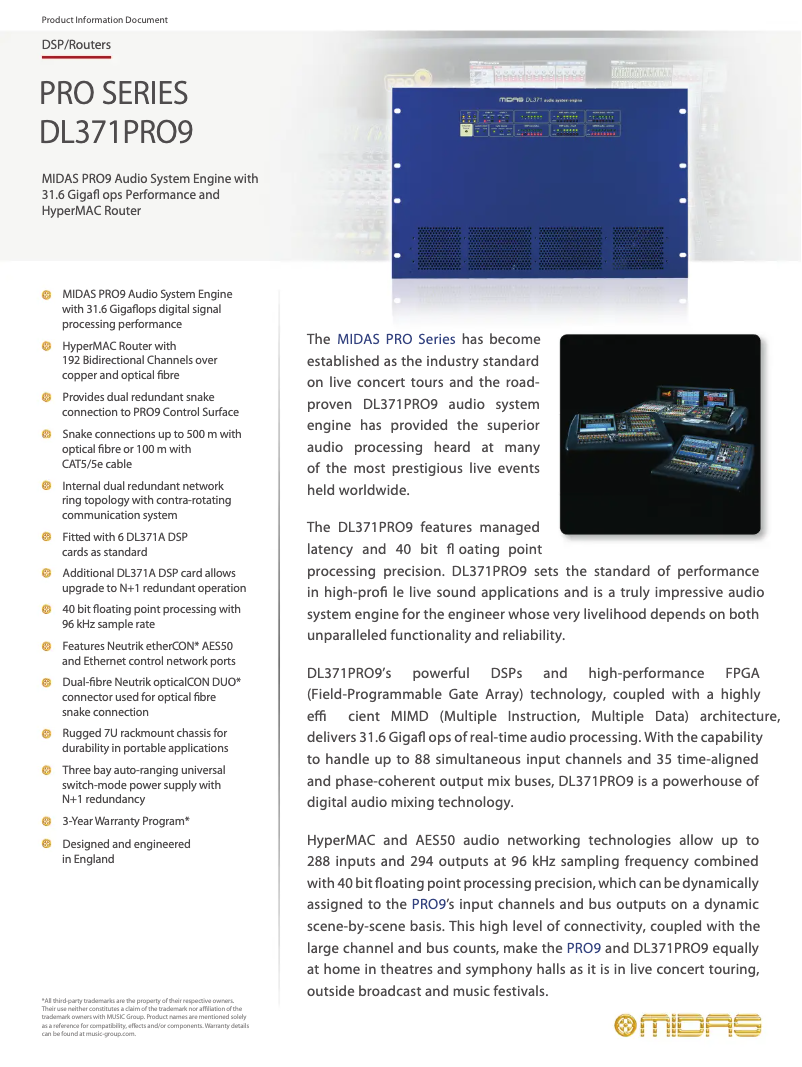 Page 1 de la notice Fiche technique Midas DL371PRO9