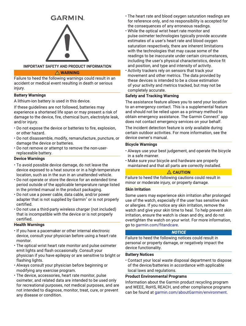Page 1 de la notice Instructions de sécurité Garmin Vívomove Trend