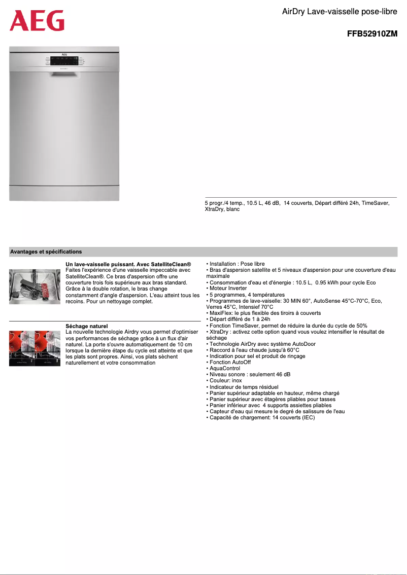 Page 1 de la notice Fiche technique AEG FFB52910ZM