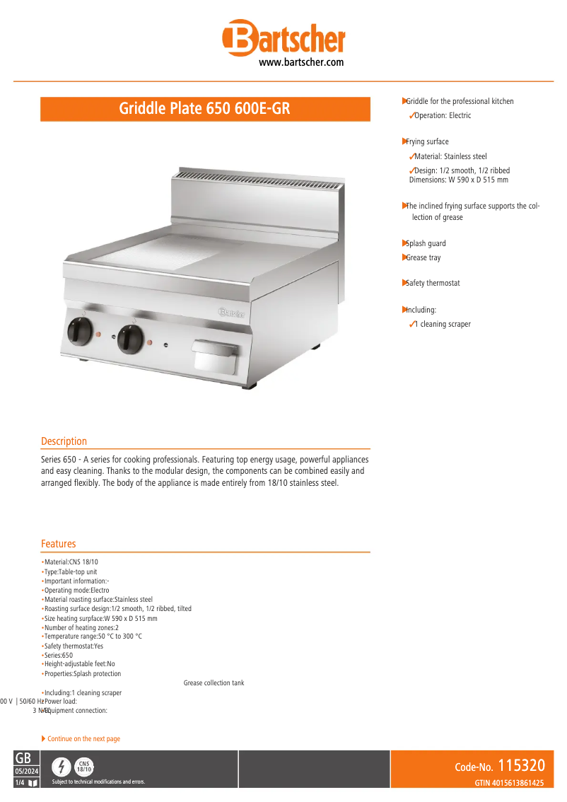 Page 1 de la notice Fiche technique Bartscher 650 600E-GR