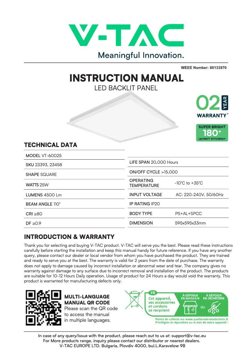 Page 1 de la notice Manuel utilisateur V-TAC VT-60025