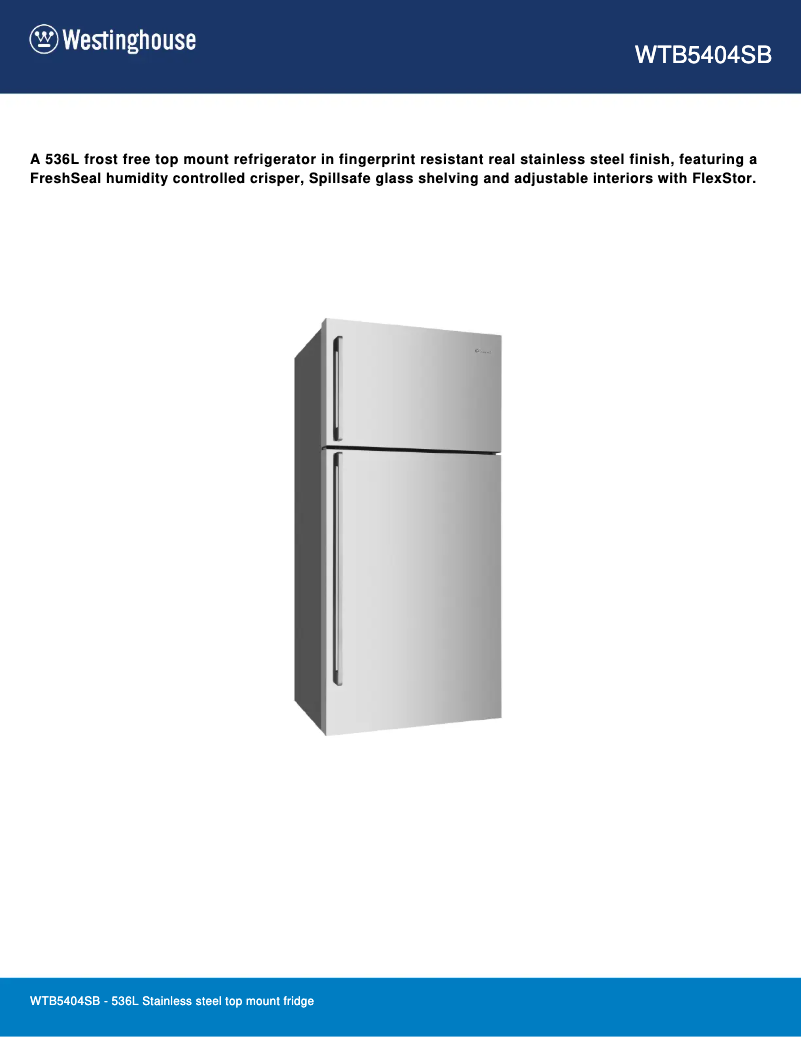 Page 1 de la notice Fiche technique Westinghouse WTB5404SB