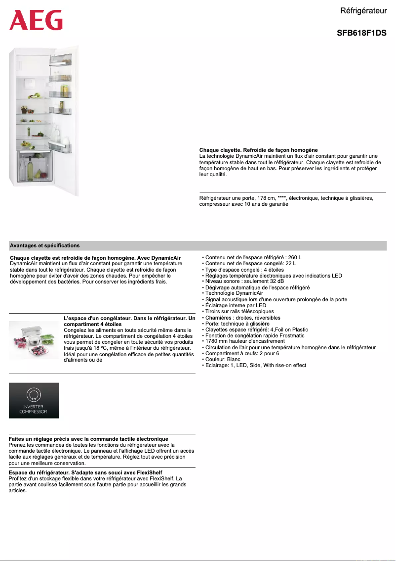 Page 1 de la notice Fiche technique AEG SFB618F1DS