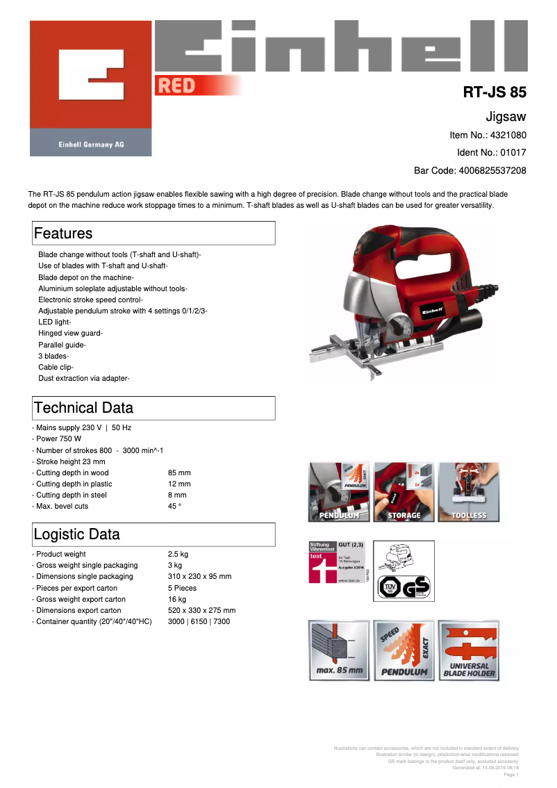 Página 1 del manual Ficha técnica Einhell RT-JS 85