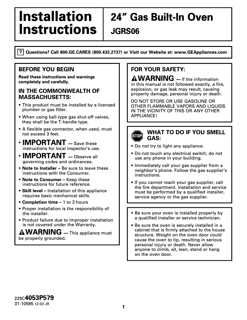 Página 1 del manual Instrucciones / montaje GE JGRS06BEJBB