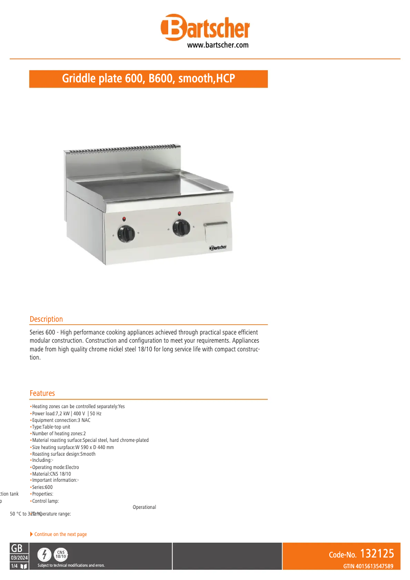 Page 1 de la notice Fiche technique Bartscher 132125