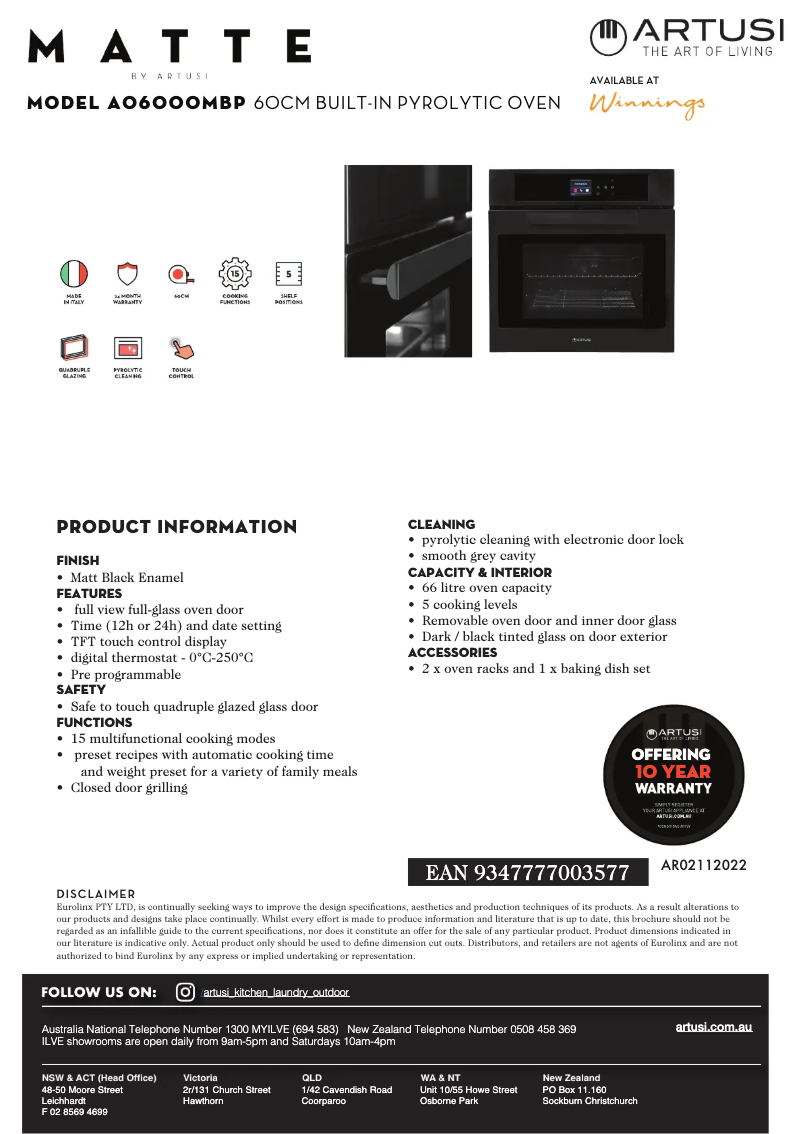 Page 1 de la notice Fiche technique Artusi AO6000MBP