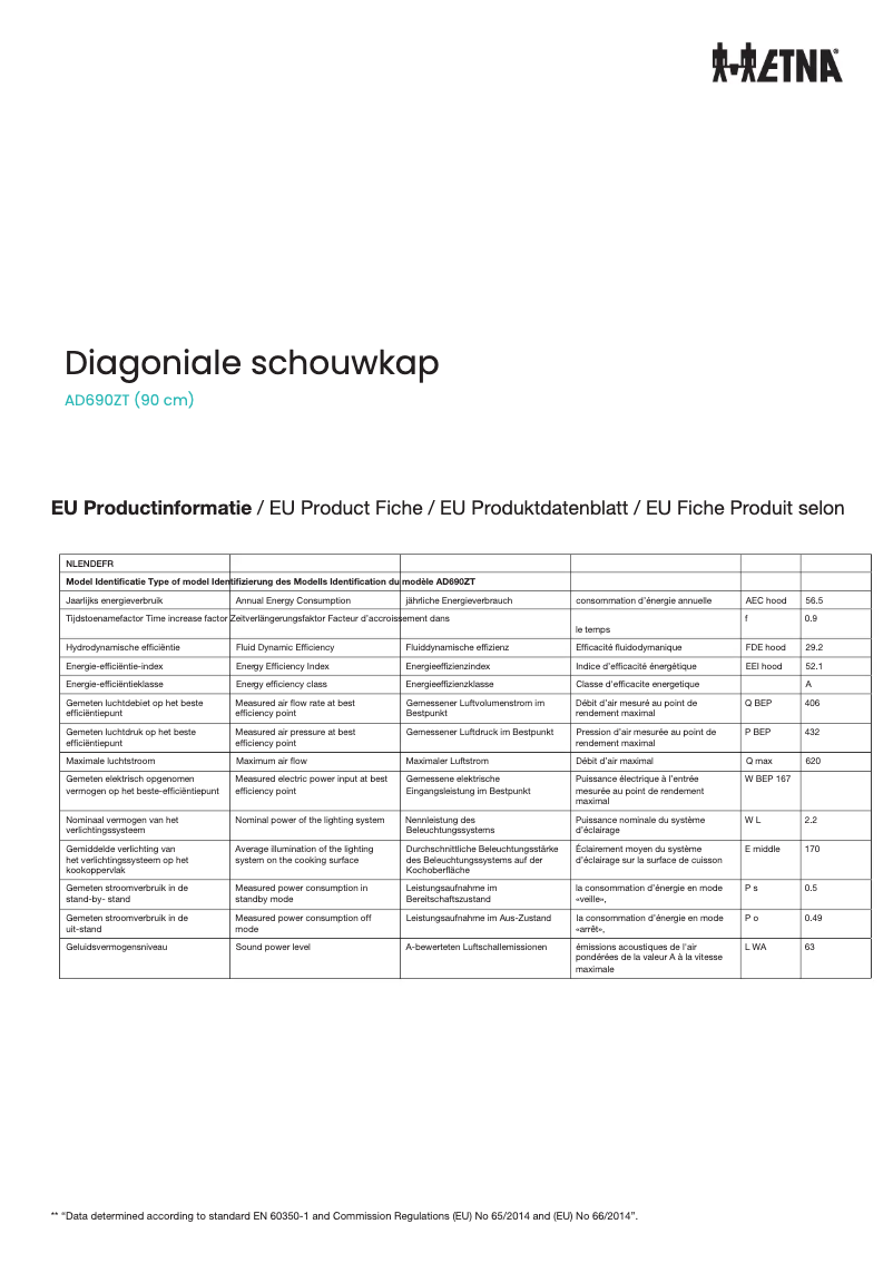 Page 1 de la notice Fiche technique Etna AD690ZT