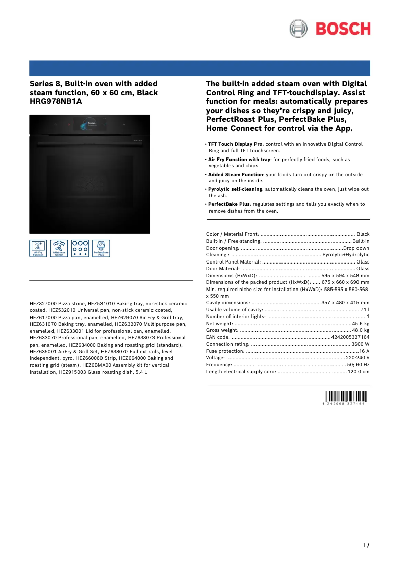 Page 1 de la notice Fiche technique Bosch HRG978NB1A
