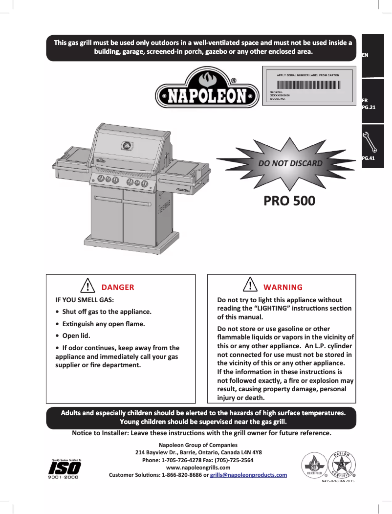 Page n°1 - Manuel utilisateur Napoleon PRO 500