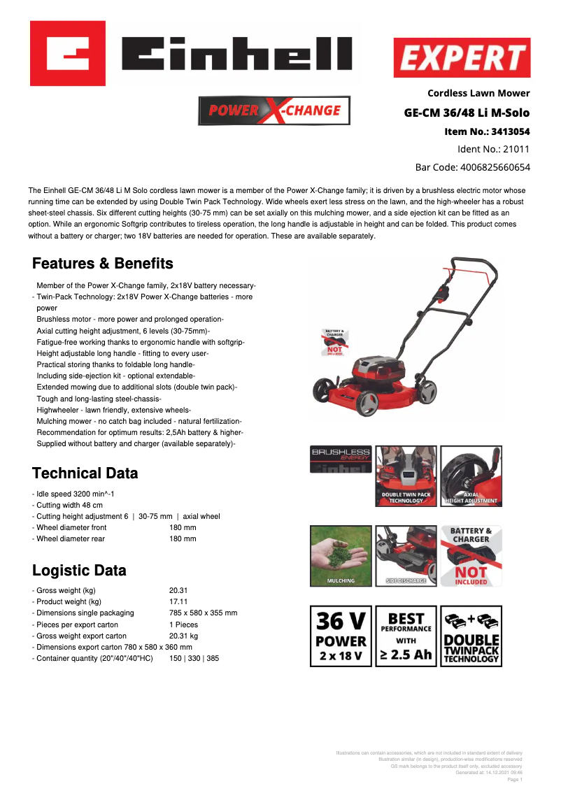 Page n°1 - Fiche technique Einhell GE-CM 36/48 Li M
