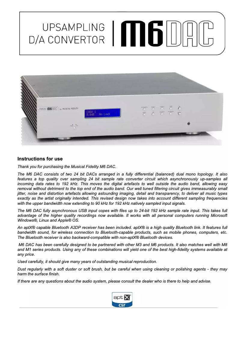 Page n°1 - Manuel utilisateur Musical Fidelity M6 DAC