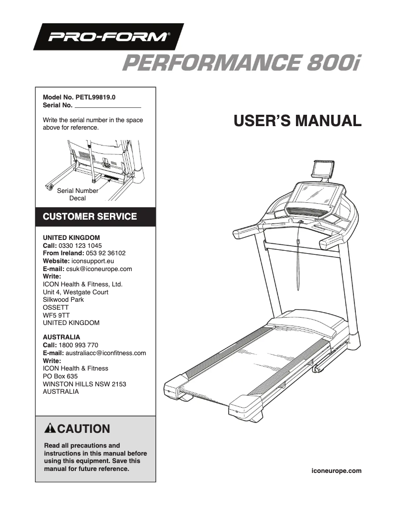 Page n°1 - Manuel utilisateur ProForm Performance 800i