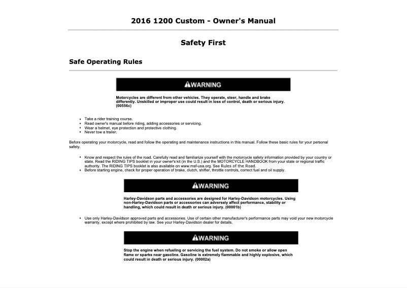 Page 1 de la notice Manuel utilisateur Harley-Davidson 1200 Custom (2016)