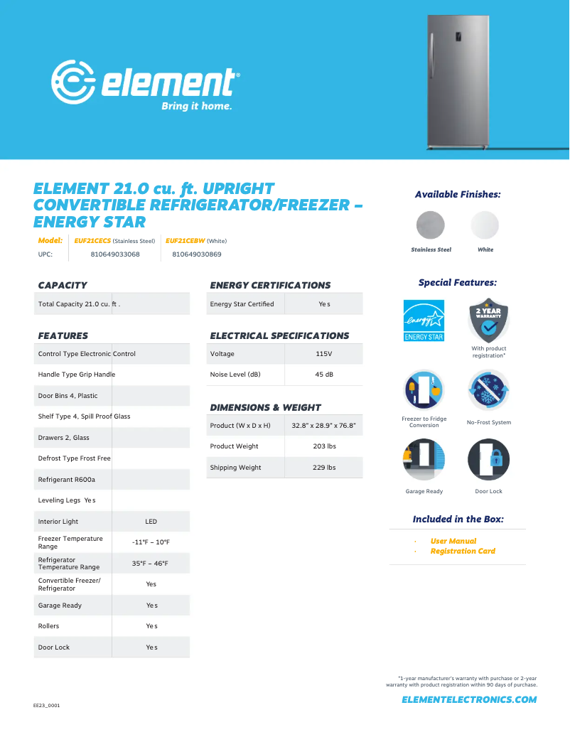 Page 1 of the manual Technical Sheet Element EUF21CECS