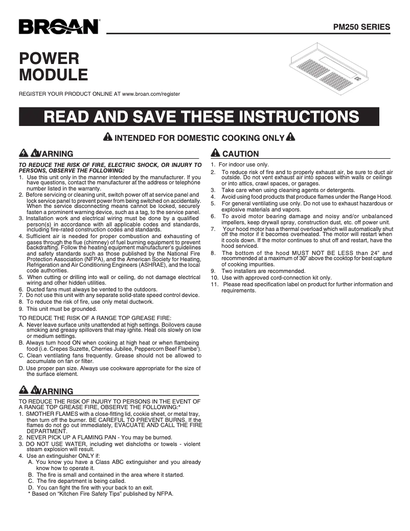 Page 1 of the manual Installation Guide Broan PM250