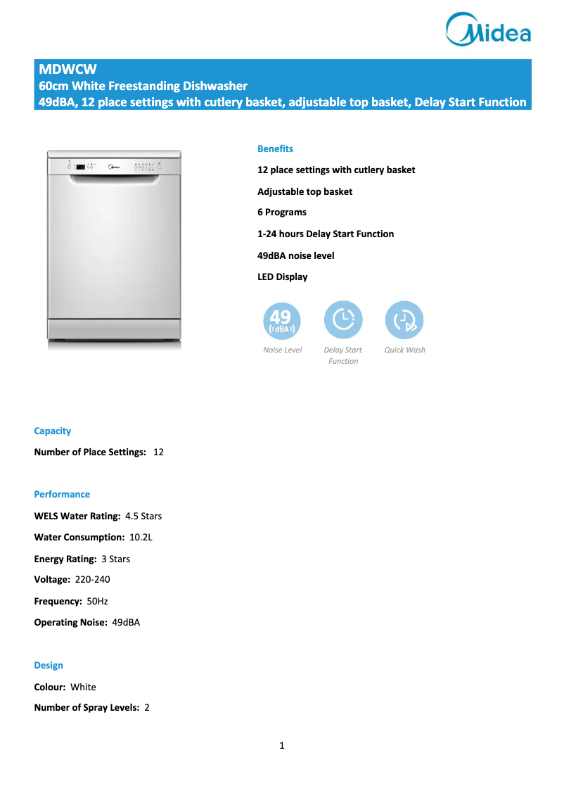 Page 1 de la notice Fiche technique Midea MDWCW