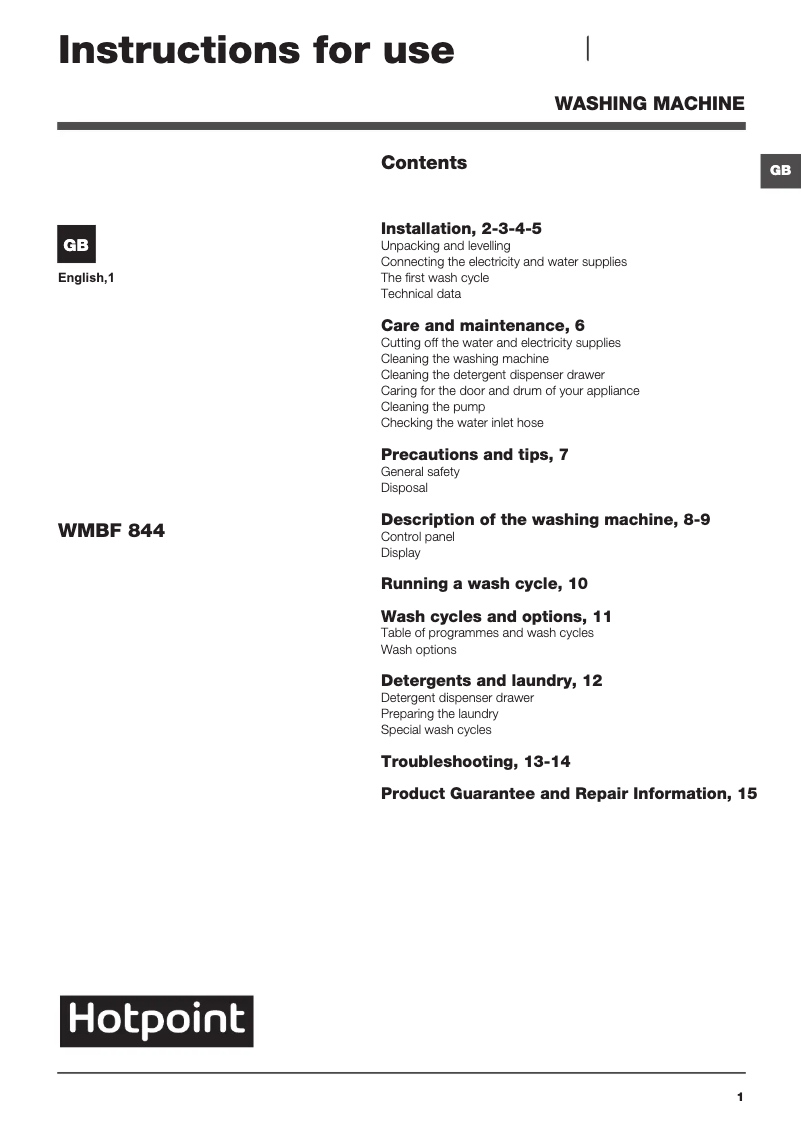 Page 1 de la notice Manuel utilisateur Hotpoint WMBF 844P UK