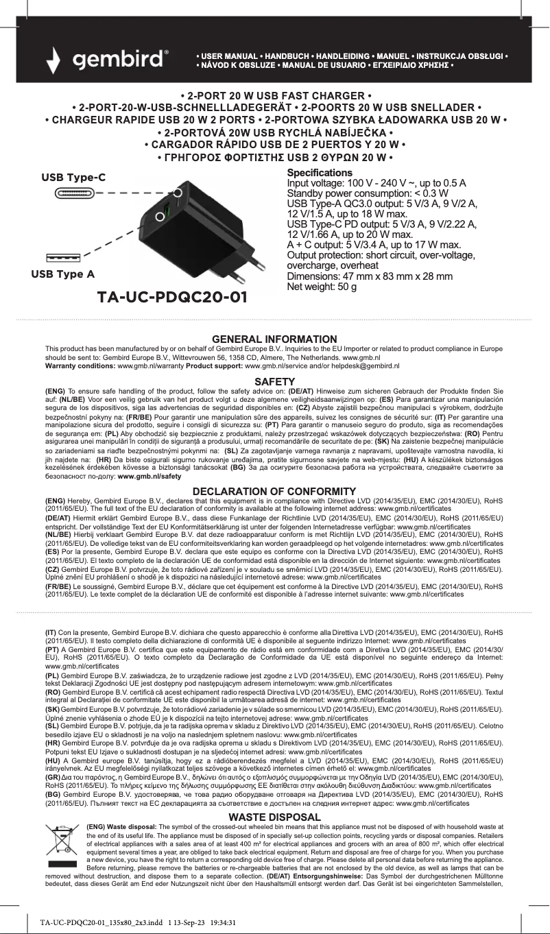 Page 1 of the manual User Manual Gembird TA-UC-PDQC20-01