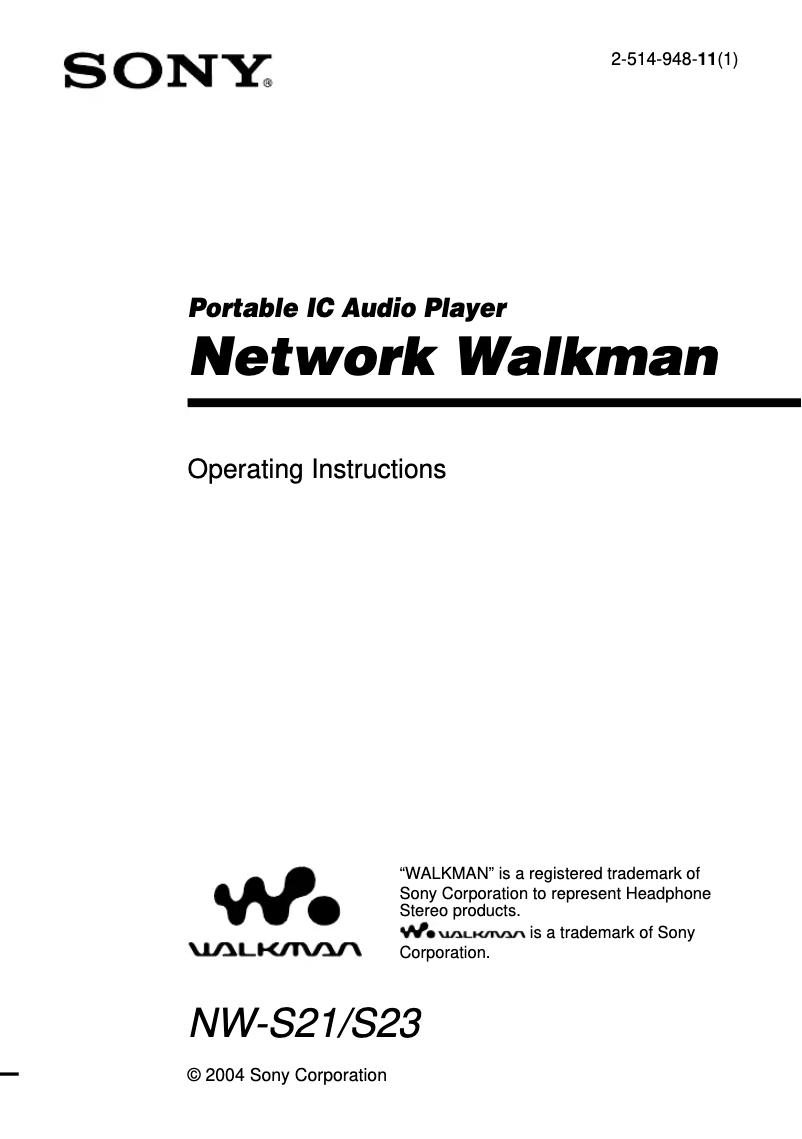 Image de la première page du manuel de l'appareil Walkman NW-S23