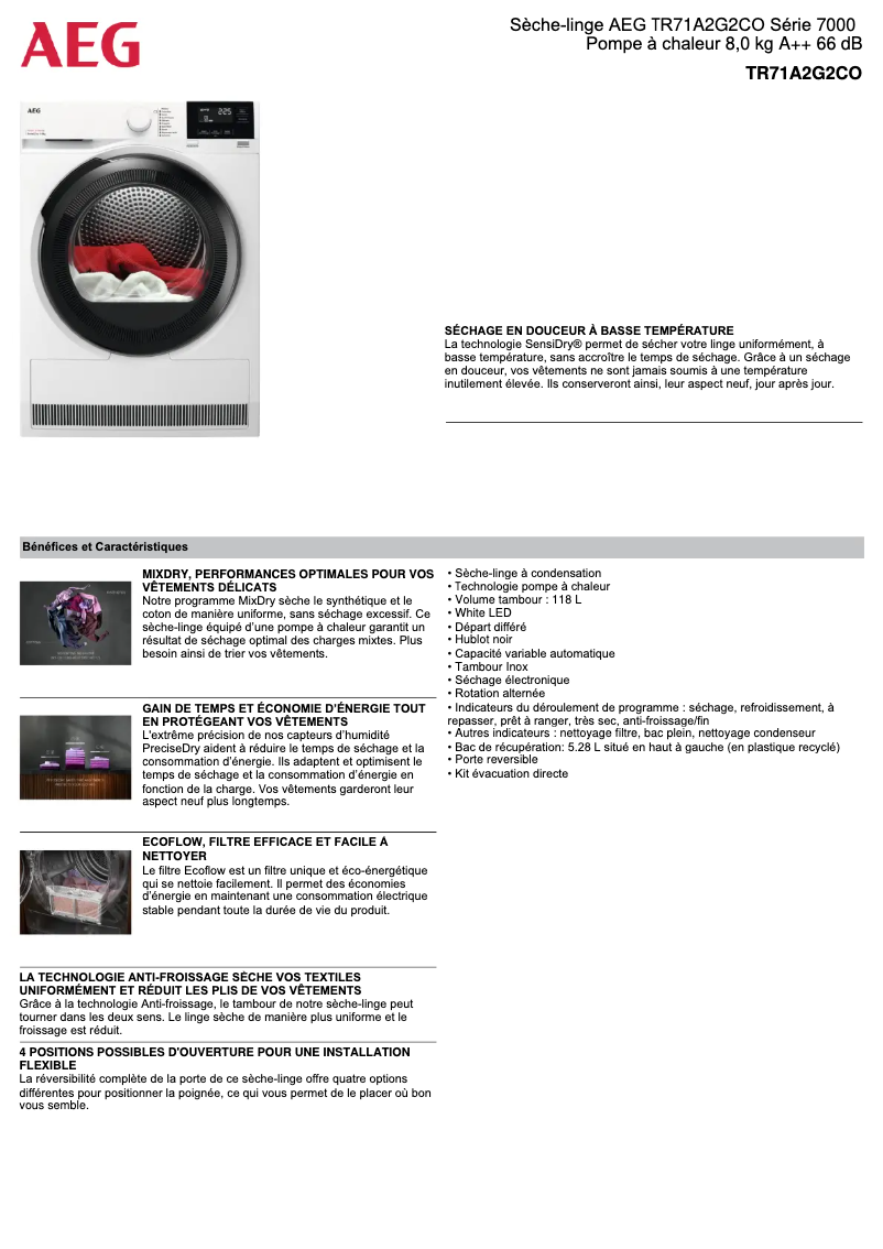 Page n°1 - Fiche technique AEG TR71A2G2CO