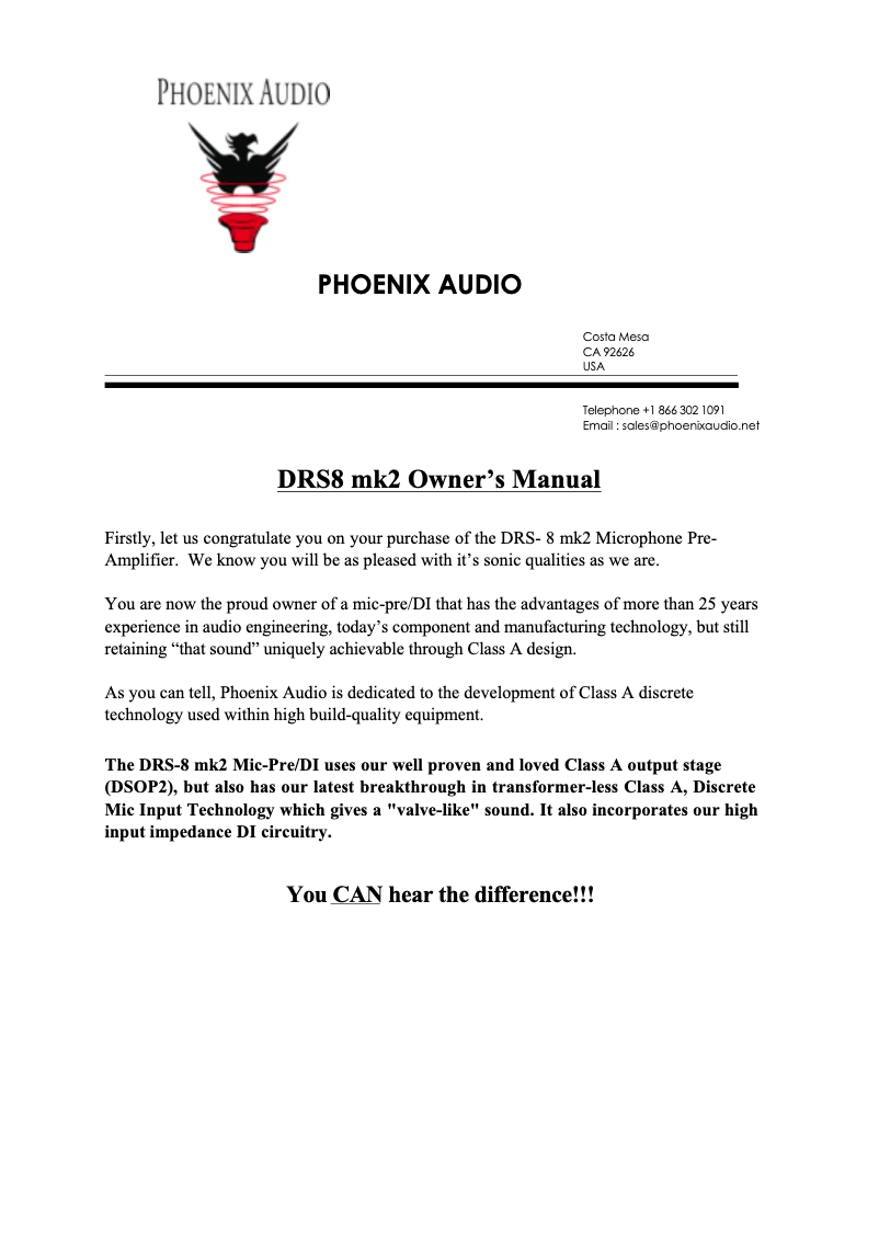 Page 1 de la notice Manuel utilisateur Phoenix Audio DRS-8 Mk2