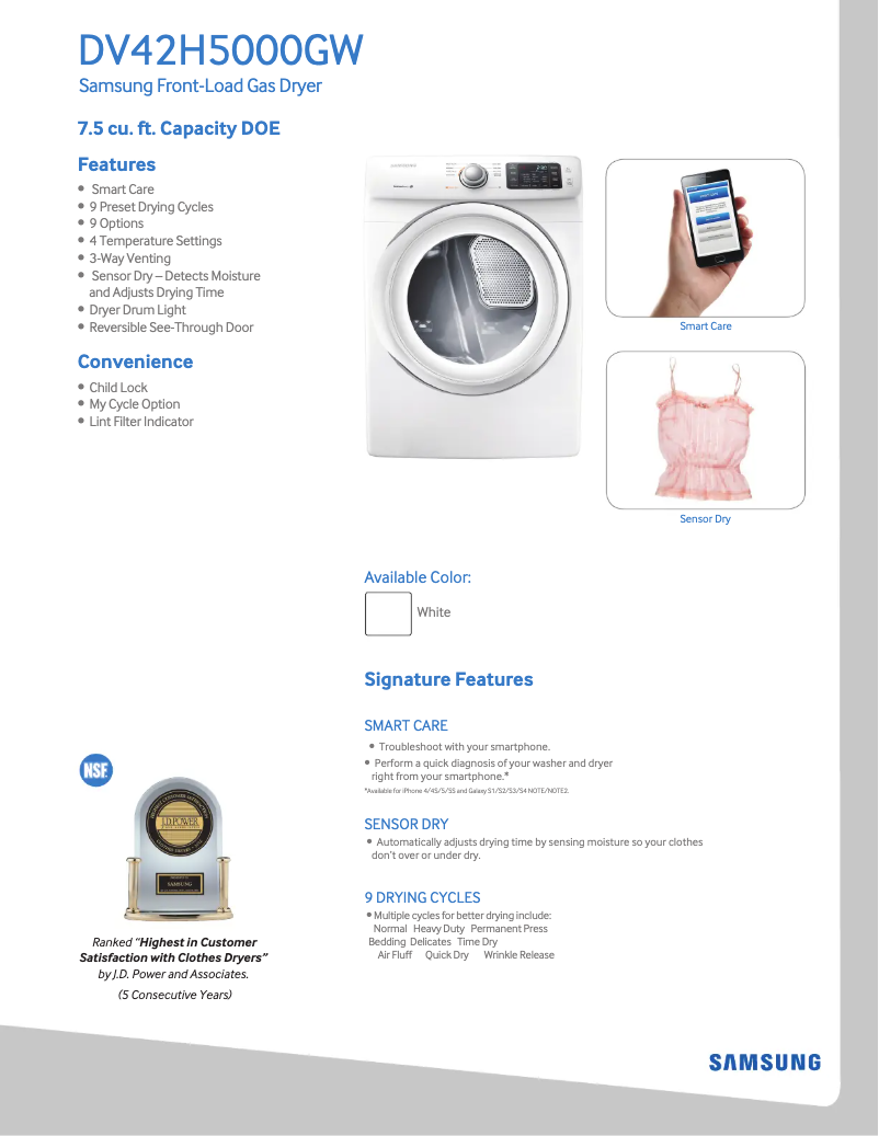 Page 1 de la notice Fiche technique Samsung DV42H5000G