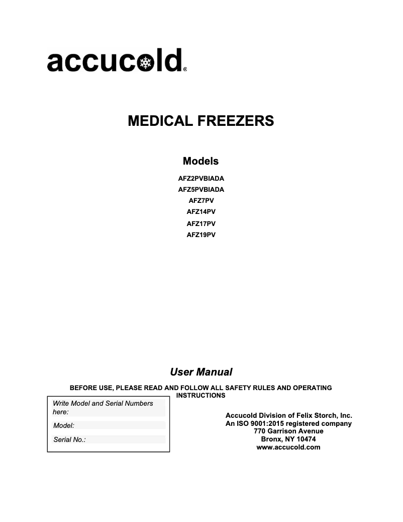 Page 1 de la notice Manuel utilisateur Accucold AFZ2PVBIADADL2BLHD