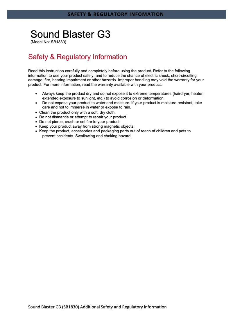 Page 1 de la notice Instructions de sécurité Creative Sound Blaster G3