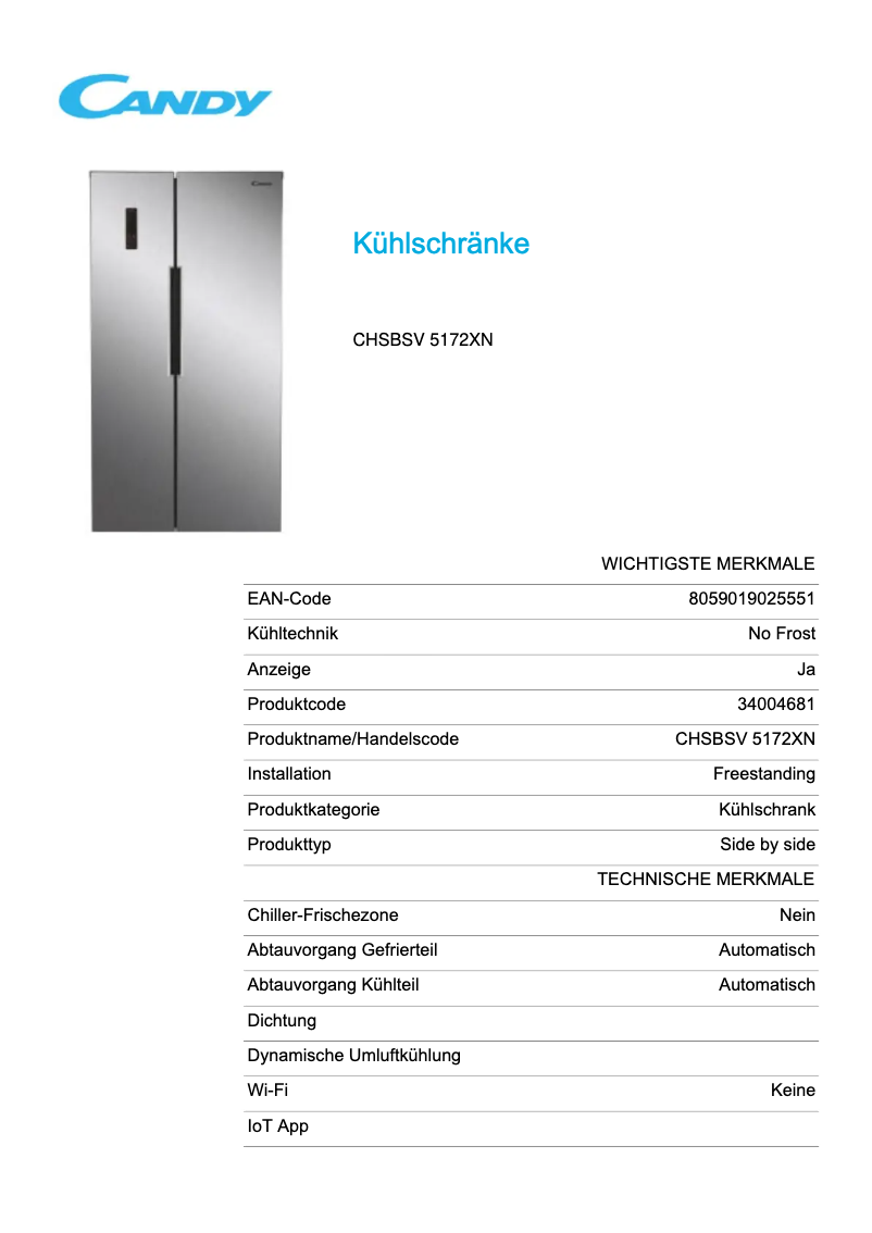 Page 1 de la notice Fiche technique Candy CHSBSV 5172XN