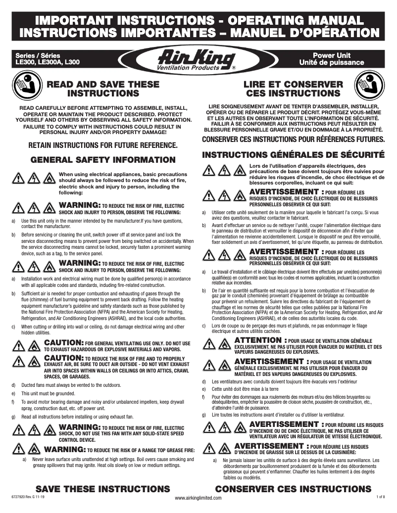 Page n°1 - Manuel utilisateur Air King LE300A