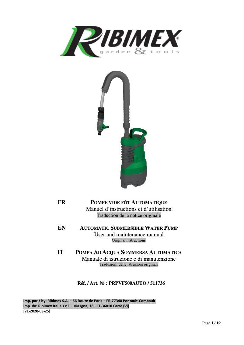 Page n°1 - Manuel utilisateur Ribimex PRPVF500AUTO
