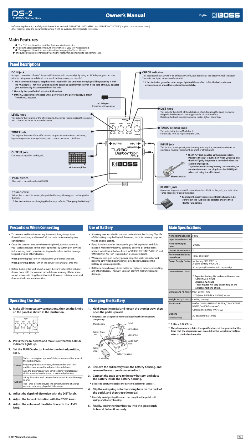 Page 1 de la notice Manuel utilisateur Boss Turbo Distortion DS-2
