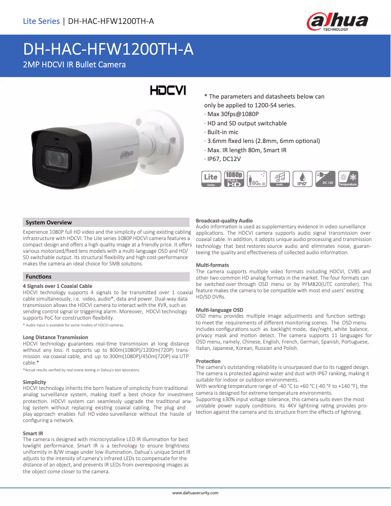 Page n°1 - Fiche technique Dahua Technology HAC-HFW1200TH-A