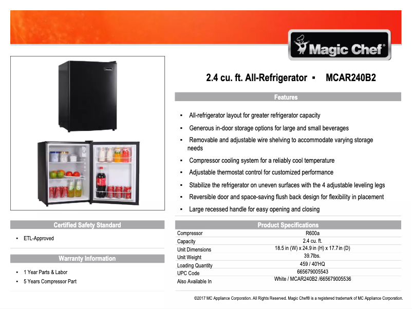 Page 1 de la notice Manuel utilisateur Magic Chef MCAR240