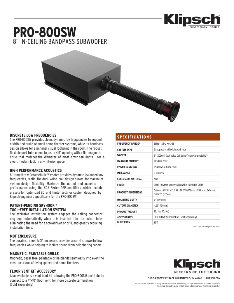 Page 1 de la notice Fiche technique Klipsch PRO-800SW