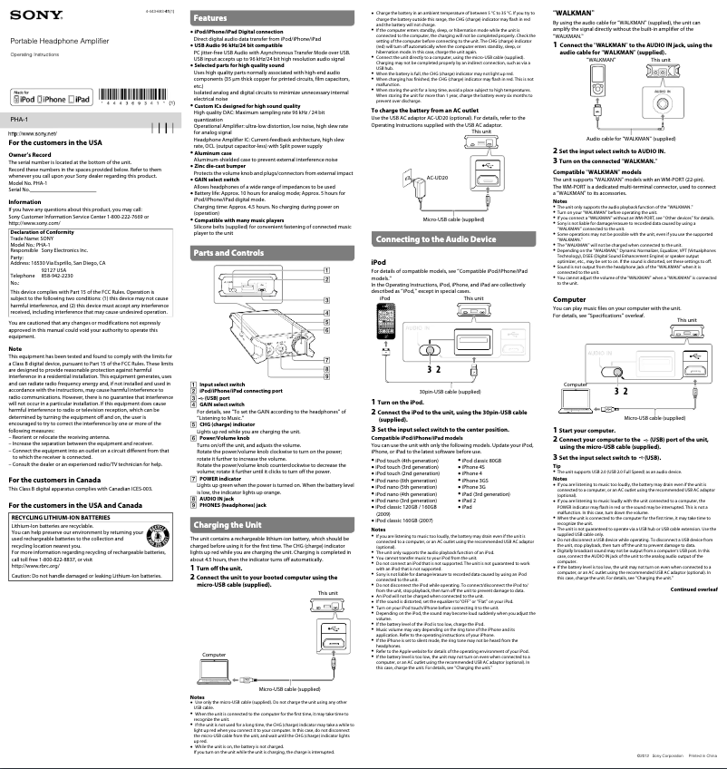 Page 1 de la notice Manuel utilisateur Sony PHA-1
