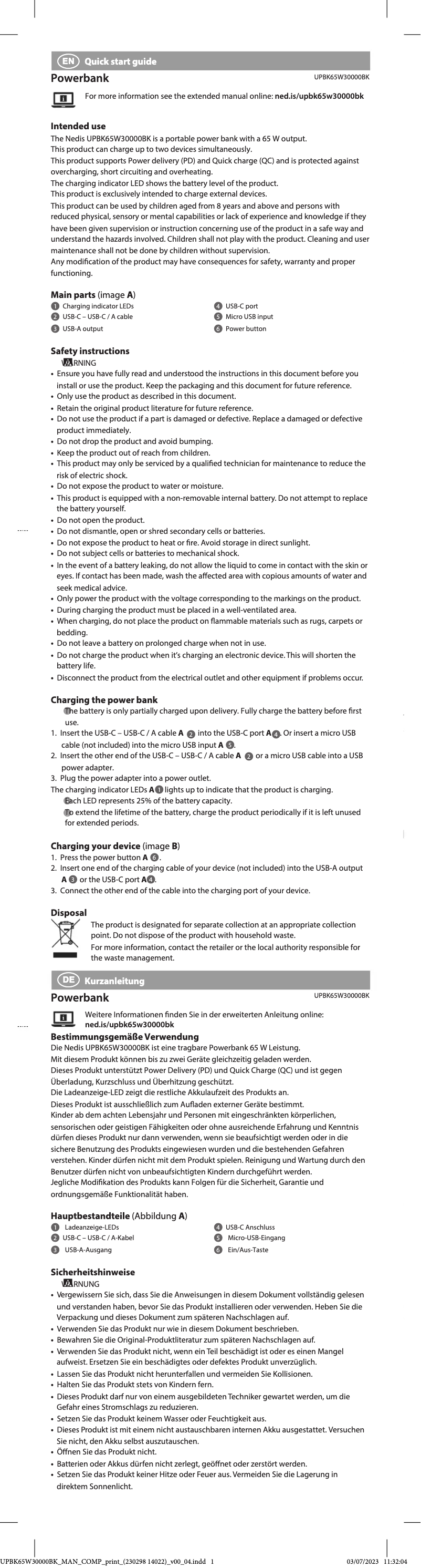 Page n°1 - Manuel utilisateur Nedis UPBK65W30000BK