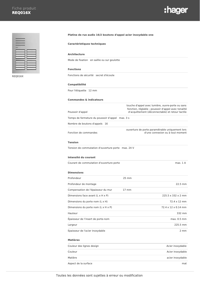 Page 1 de la notice Fiche technique Hager REQ016X