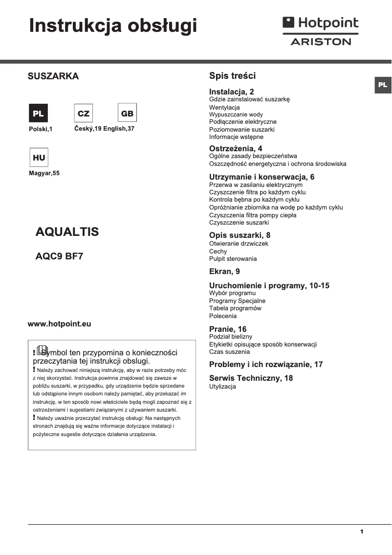 Página 1 del manual Manual de usuario Hotpoint Aqualtis AQC9 BF7