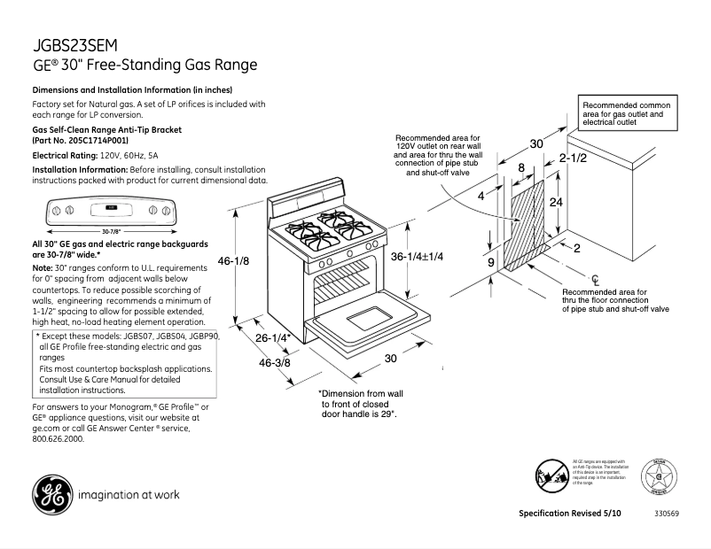 Page 1 of the manual Technical Sheet GE JGBS23SEMSS