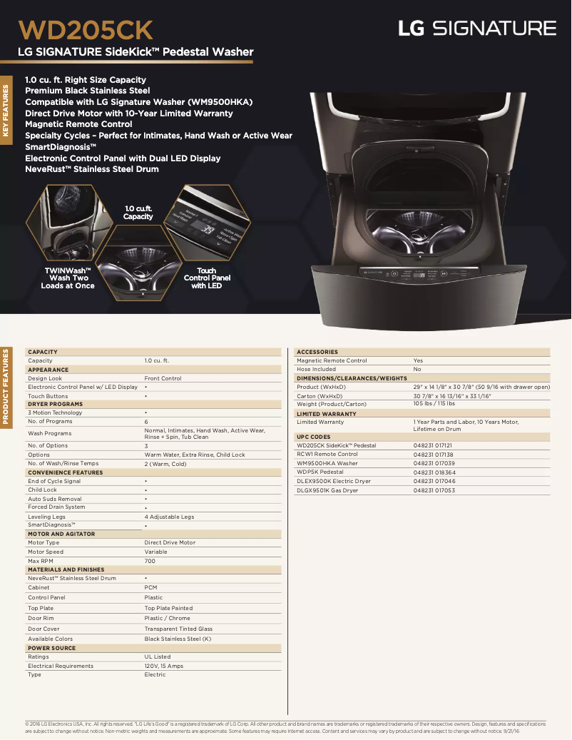 Page 1 de la notice Fiche technique LG WD205CK
