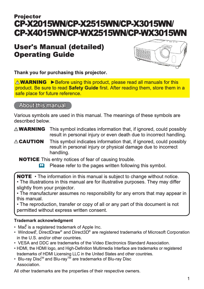 Page 1 de la notice Manuel utilisateur Hitachi CP-X3015WN